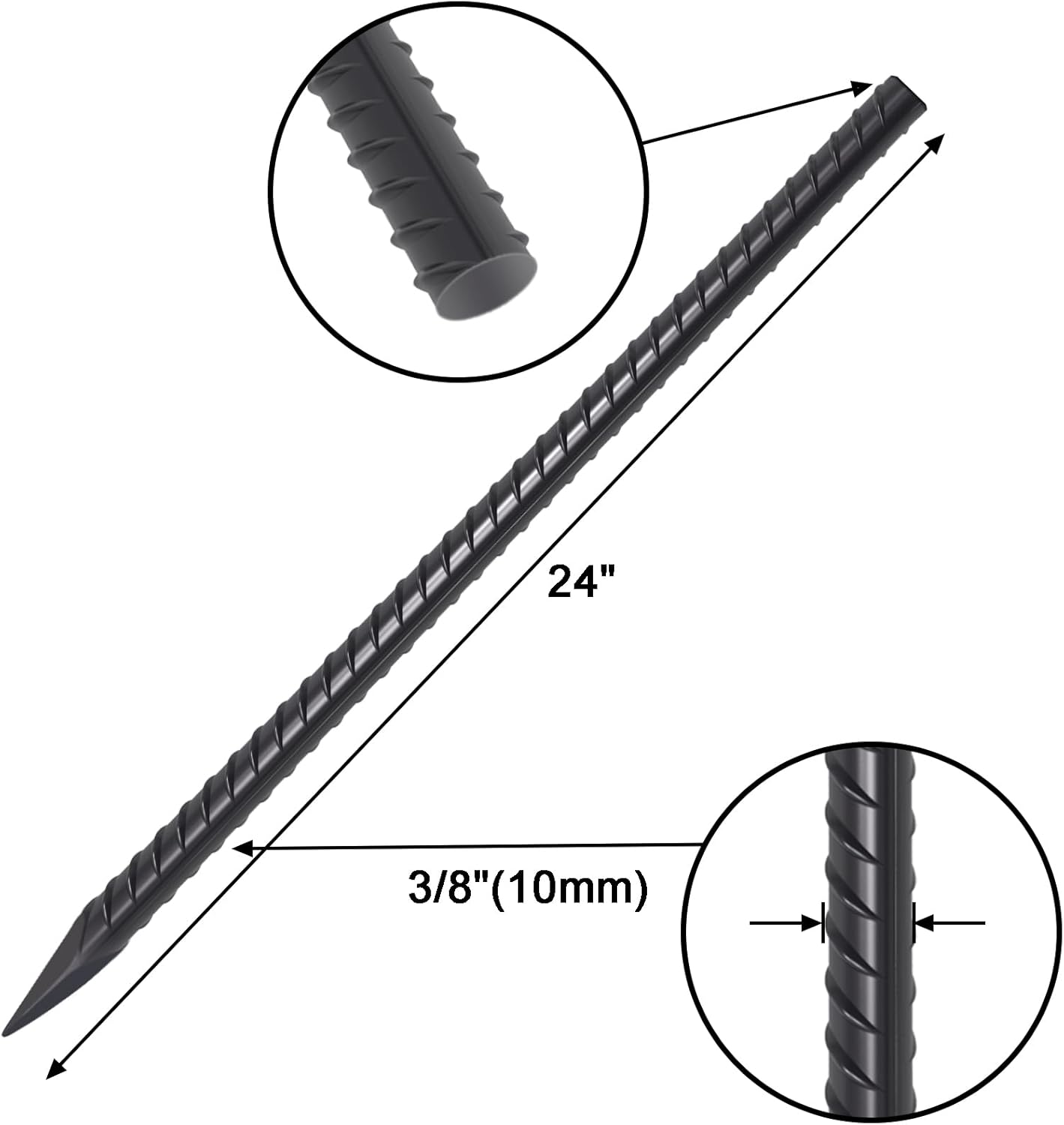 VVOKGO RebarStakes 24 Inch Straight Ground Rebar Stakes, Heavy Duty Hook Ground Anchors, Steel Plant Support Garden Stake with Chisel Point end, Hammer Through Hard Soil for Camping