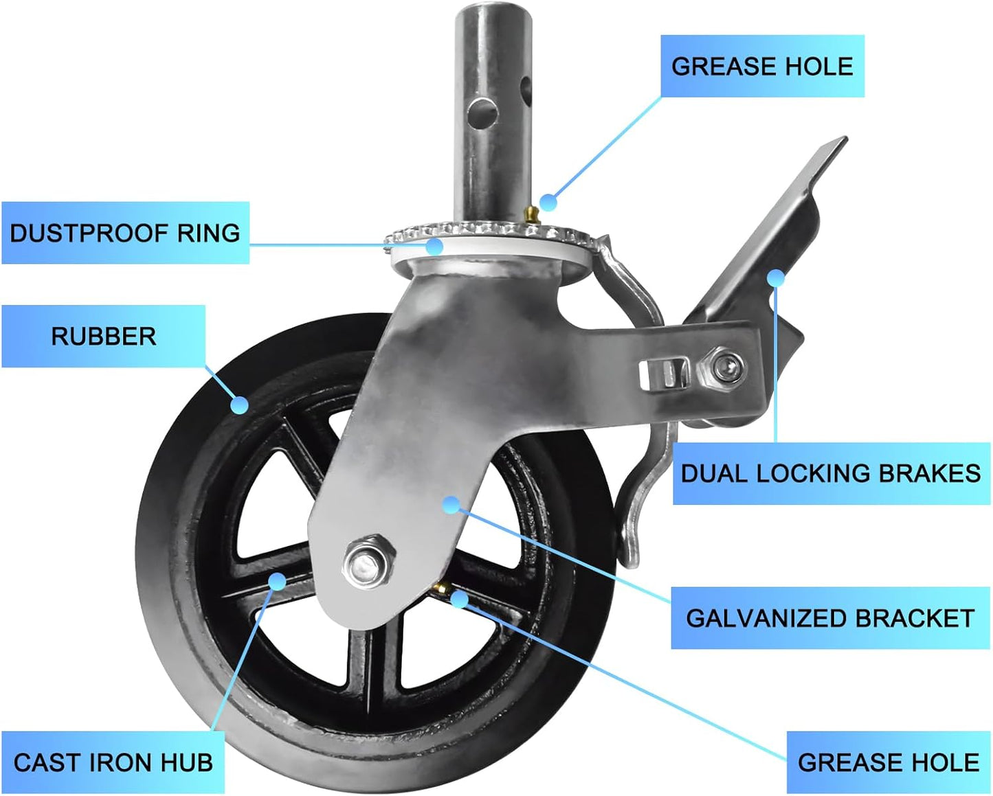8 Inch Scaffolding Wheels, Set of 4 Scaffold Caster with Dual Locking Brakes, Heavy Duty 750LBS Capacity per Rubber Caters 1-3/8" Solid Round Stem Replacement for Scaffold Workbench Shelves