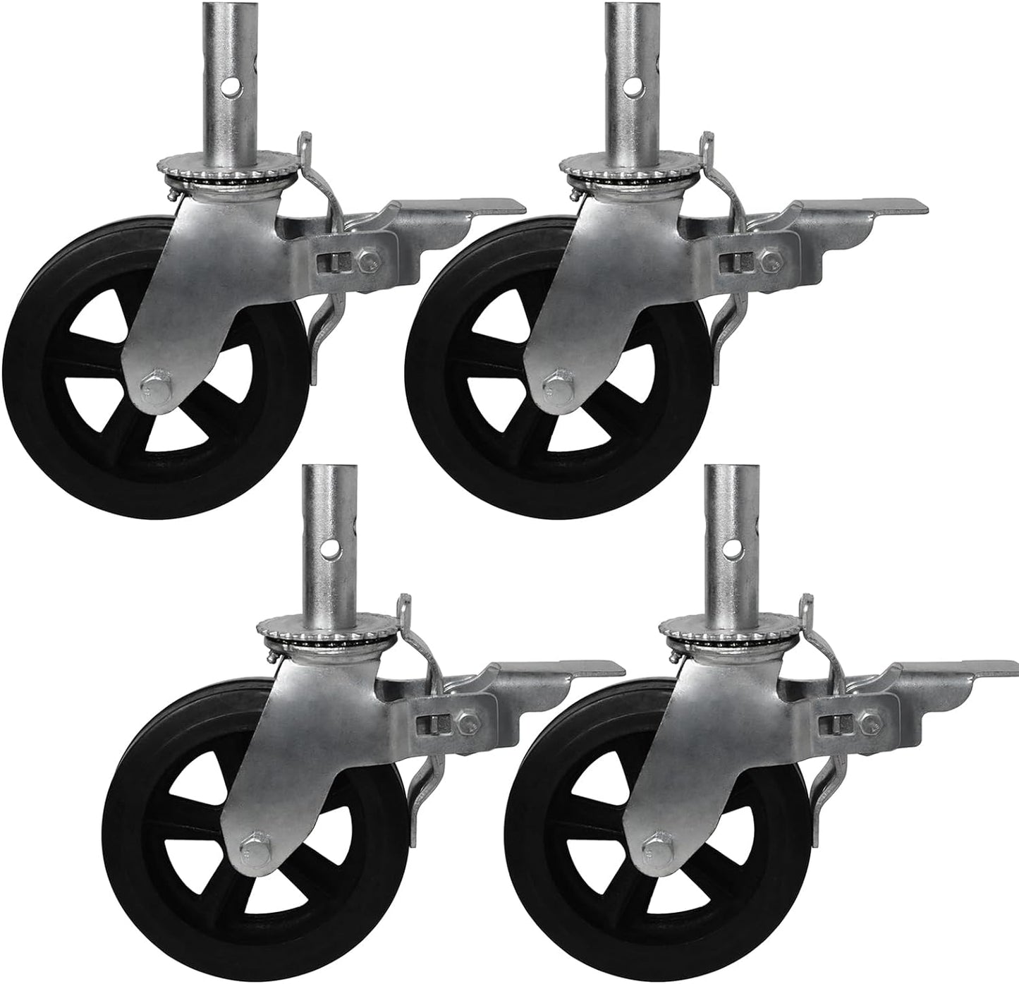 8 Inch Scaffolding Wheels, Set of 4 Scaffold Caster with Dual Locking Brakes, Heavy Duty 750LBS Capacity per Rubber Caters 1-3/8" Solid Round Stem Replacement for Scaffold Workbench Shelves