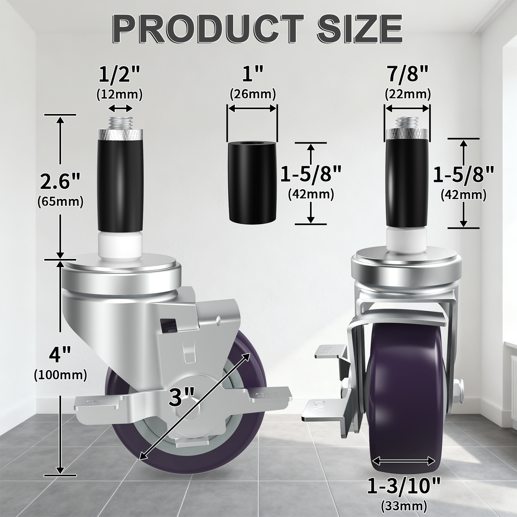 OK5STAR 3 Inch Expanding Stem Caster Wheels Set of 4 for Table Legs, Stainless Table Casters All with Brake Fit 7/8",1" and 1-1/8" Inner Diameter Tube Leg Adapter Caster