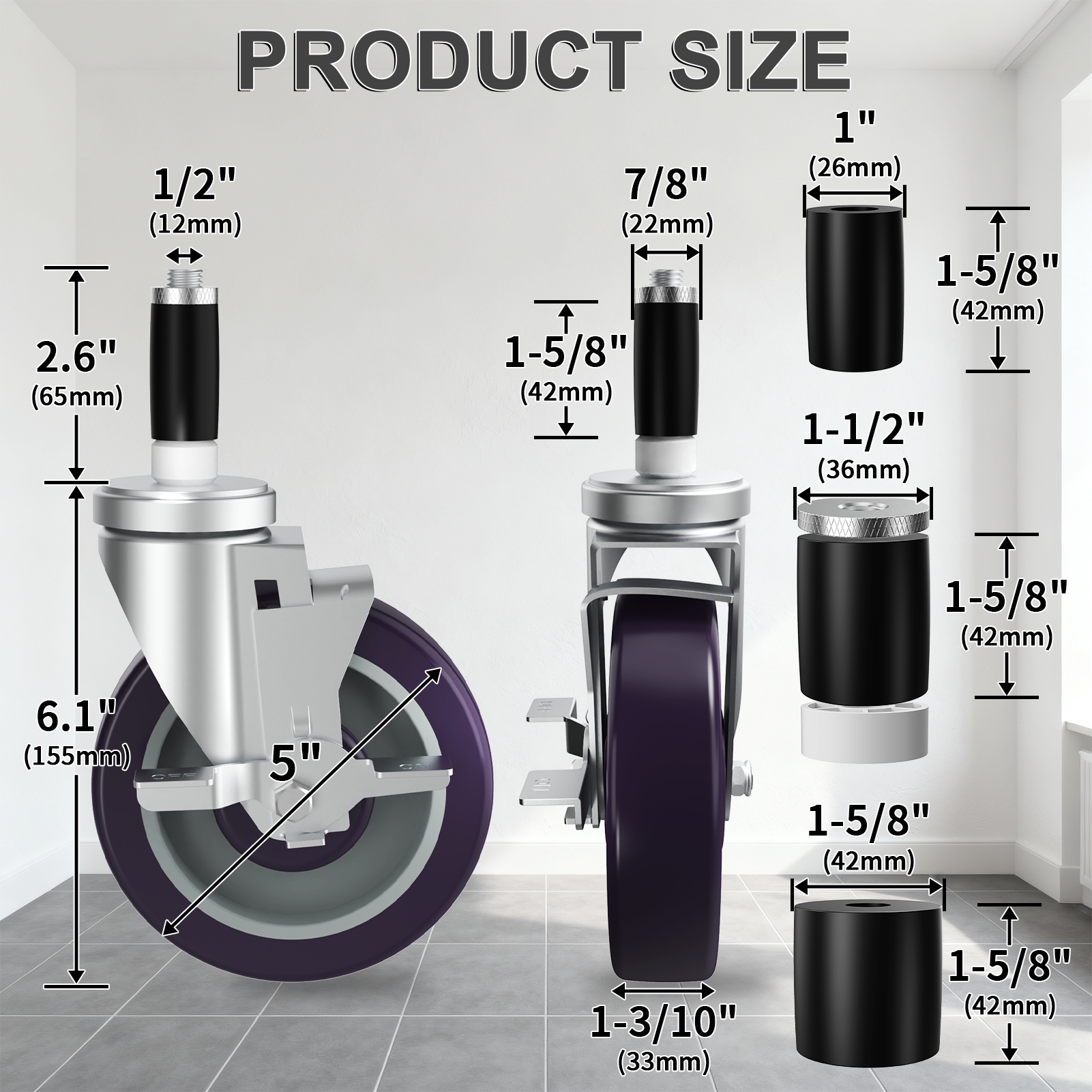 OK5STAR 5 Inch Expanding Stem Caster Wheels