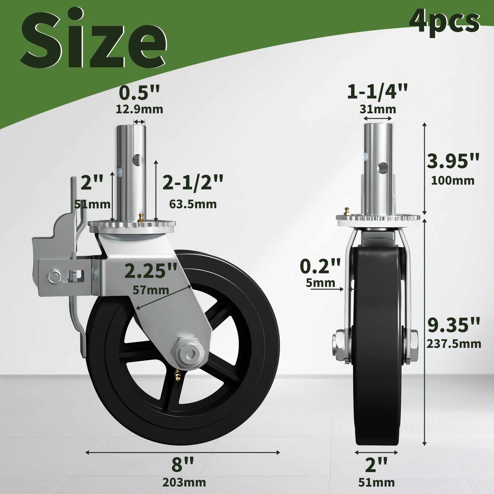 OK5STAR 8 Inch Scaffolding Wheels, Scaffold Caster with Dual Locking Brakes