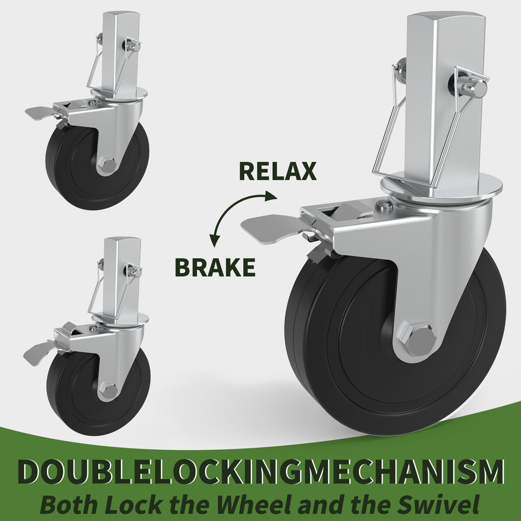 OK5STAR Baker Scaffold Wheels, 5 Inch Scaffolding Wheels Set of 4 with Dual Locking Brakes, Scaffolding Casters 1-1/4" Square Stem Scaffolding Accessories, 440LBS Capacity per Wheel