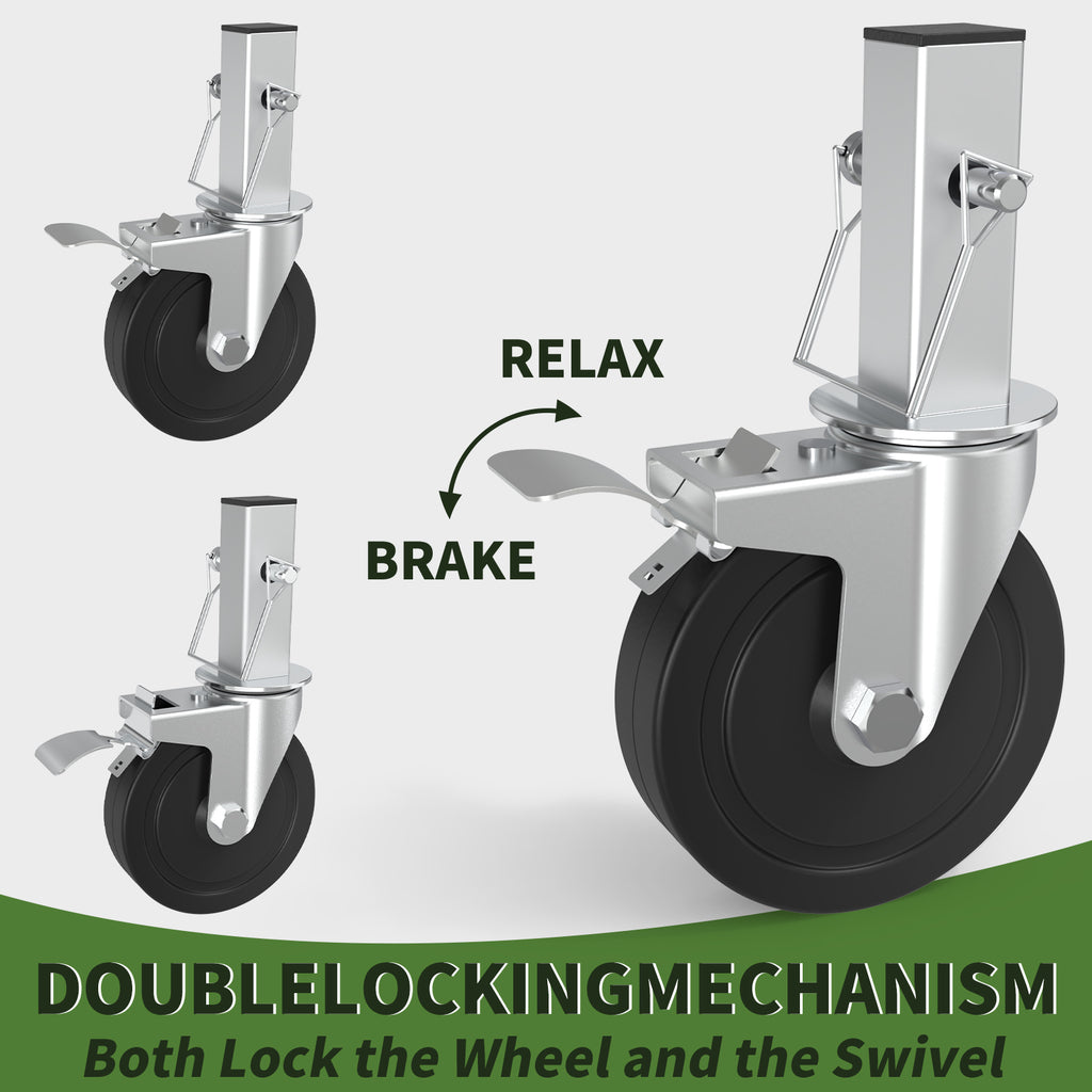 OK5STAR Baker Scaffold Wheels, 5 Inch Scaffolding Wheels Set of 4 with Dual Locking Brakes, Scaffolding Casters 1-1/4" Square Stem Scaffolding Accessories, 440LBS Capacity per Wheel