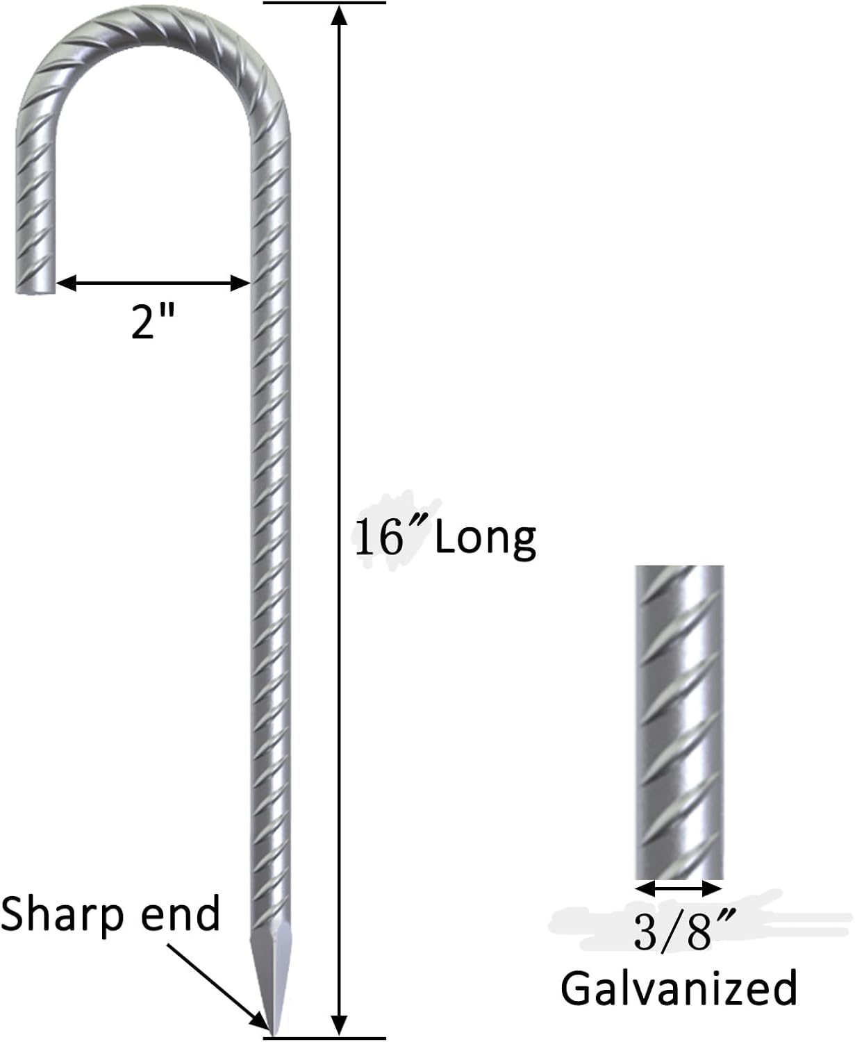 8 Pack 16" Galvanized Rebar Stakes Heavy Duty J Hook Ground Anchors, Curved Steel Tent Stakes Anti Rust Steel Ground Stakes