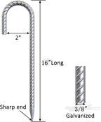 28 Pack 16" Galvanized Rebar Stakes Heavy Duty J Hook Ground Anchors, Curved Steel Tent Stakes Anti Rust Steel Ground Stakes