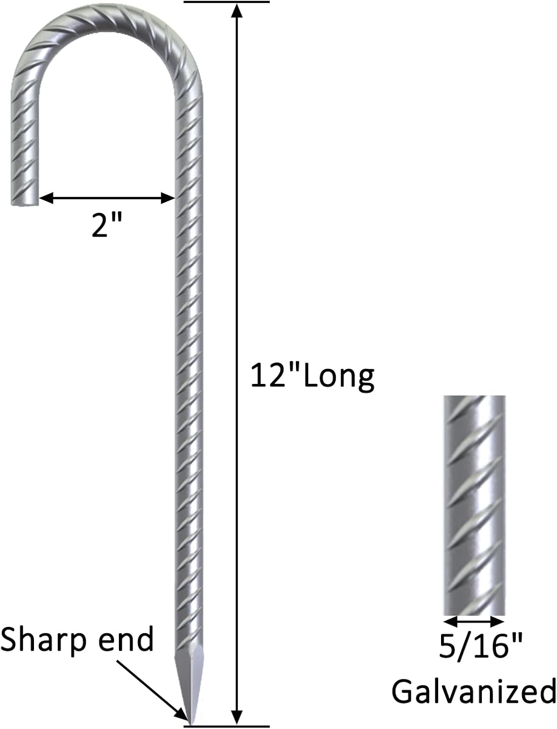 55 Pack 12 inch Galvanized Rebar Stakes, Heavy Duty J Hook Ground Anchors, Curved Steel Tent Stakes Anti Rust Steel Ground Stakes