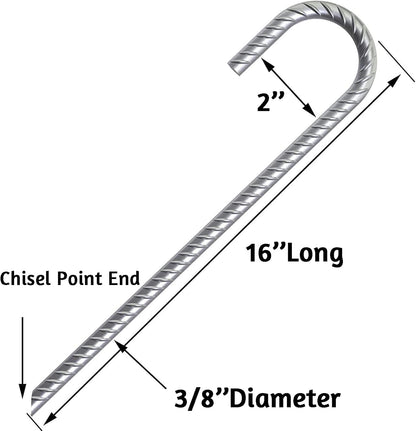 12 Pack 16" Ground Rebar Stakes Heavy Duty J Hook Ground Anchors, Curved Steel Plant Support Garden Stake Anti Rust Galvanized Ground Stakes