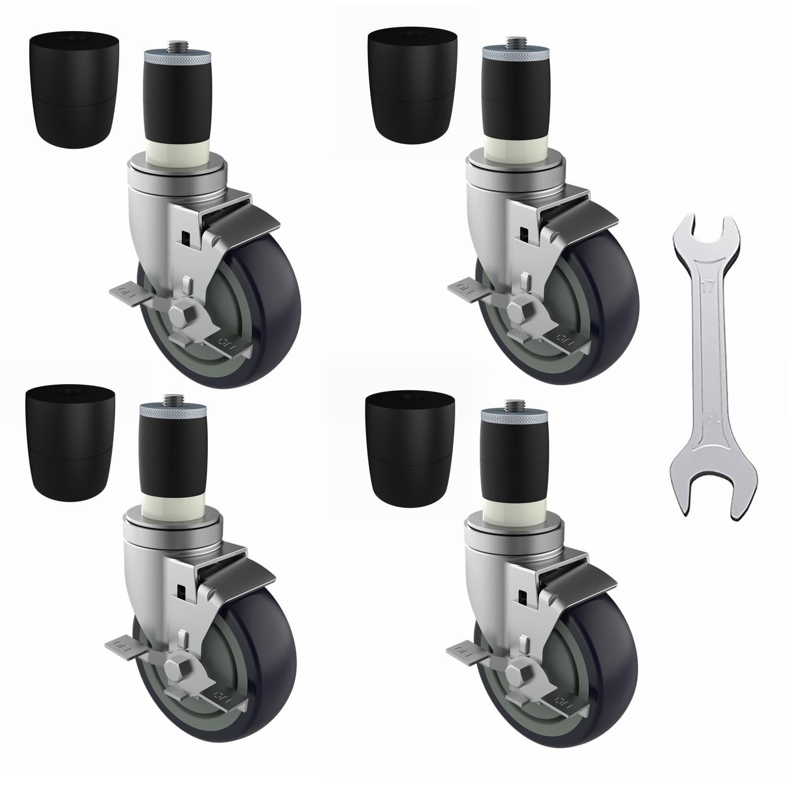 5 Inch Expanding Stem Caster Wheels Set of 4 for Table Legs, Expandable Stem Caster All with Brake Fit 7/8", 1", 1-1/2" and 1-5/8" Inner Diameter Tube Leg Adapter Caster