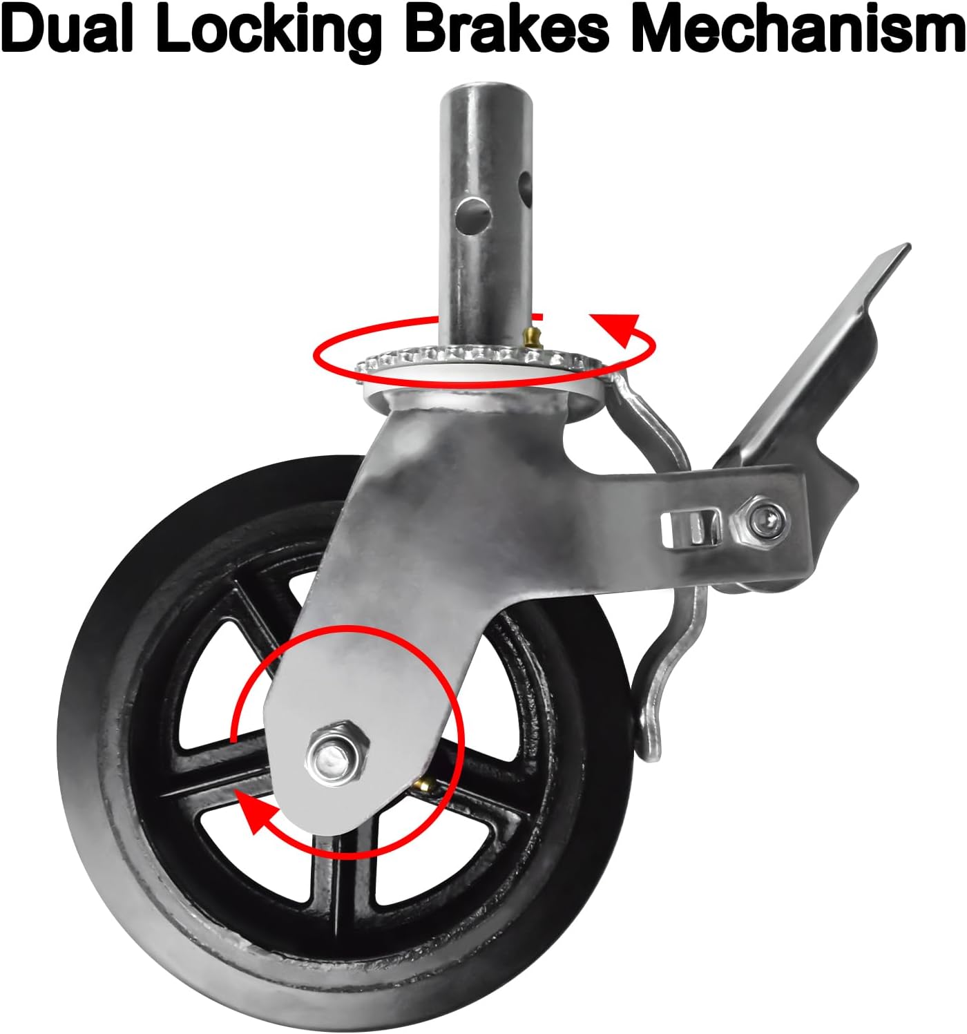 8 Inch Scaffolding Wheels, Set of 4 Scaffold Caster with Dual Locking Brakes, Heavy Duty 750LBS Capacity per Rubber Caters 1-3/8" Solid Round Stem Replacement for Scaffold Workbench Shelves