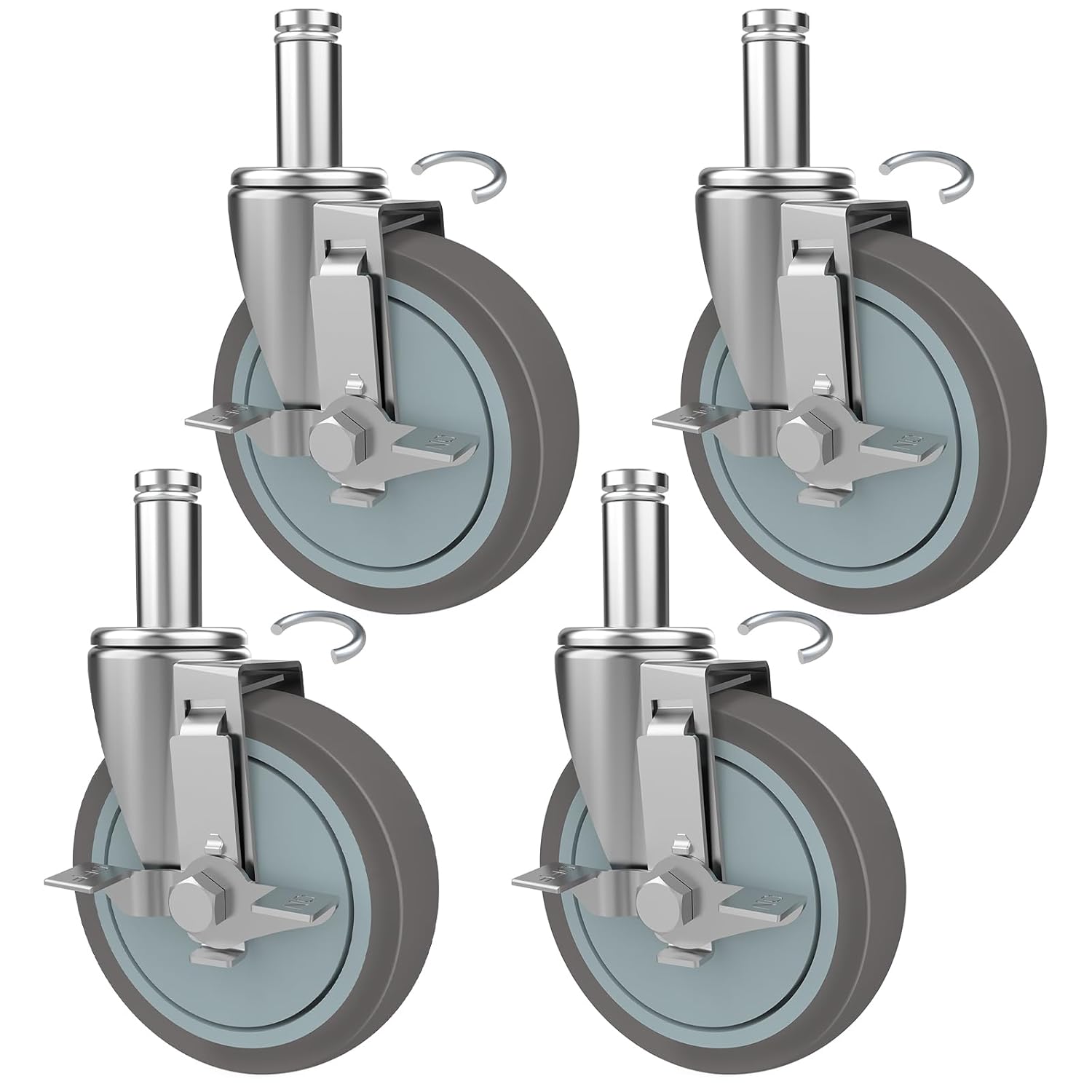 VVOKGO 5 Inches Stem Casters for Wire Shelving Racks, Heavy Duty Wheels with Brakes Swivel Scaffolding Wheels Replacement Set of 4 Metro Shelving Wheels Non-Marking Grip Ring Casters(0.866 x 2-3/16")