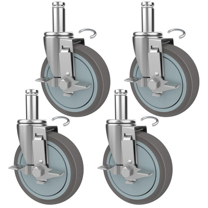 VVOKGO 5 Inches Stem Casters for Wire Shelving Racks, Heavy Duty Wheels with Brakes Swivel Scaffolding Wheels Replacement Set of 4 Metro Shelving Wheels Non-Marking Grip Ring Casters(0.866 x 2-3/16")