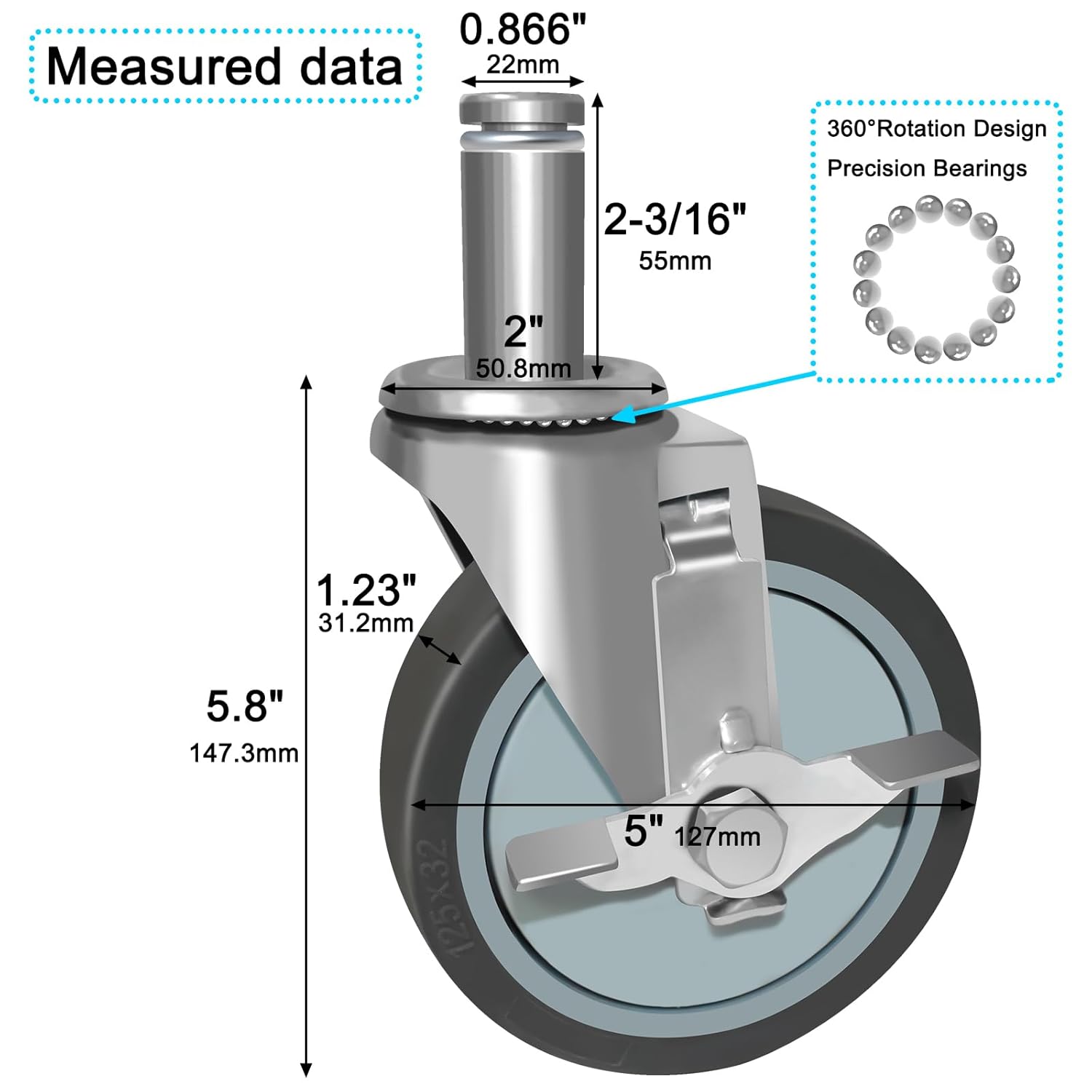 VVOKGO 5 Inches Stem Casters for Wire Shelving Racks, Heavy Duty Wheels with Brakes Swivel Scaffolding Wheels Replacement Set of 4 Metro Shelving Wheels Non-Marking Grip Ring Casters(0.866 x 2-3/16")