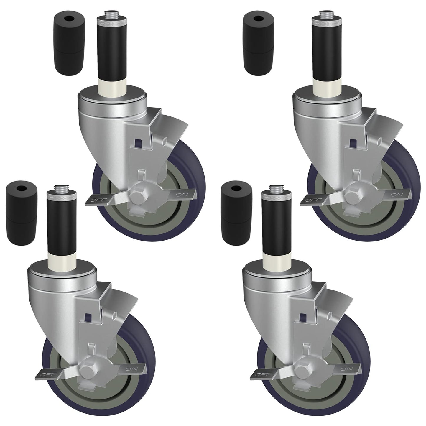 5 Inch Expanding Stem Caster Wheels Set of 4 for Table Legs, Expandable Stem Caster All with Brake Fit 7/8", 1", 1-1/2" and 1-5/8" Inner Diameter Tube Leg Adapter Caster