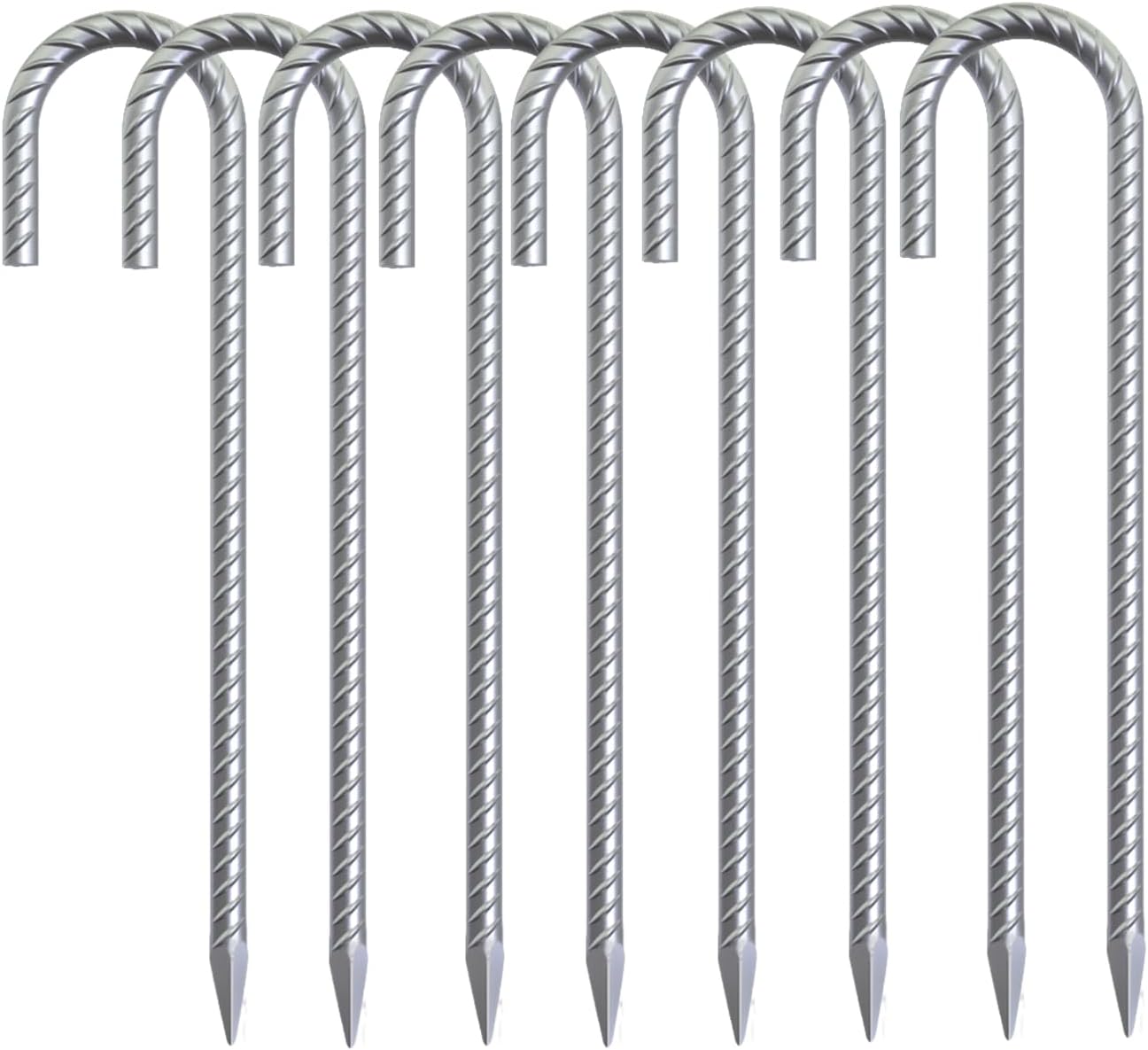 8 Pack 16" Galvanized Rebar Stakes Heavy Duty J Hook Ground Anchors, Curved Steel Tent Stakes Anti Rust Steel Ground Stakes