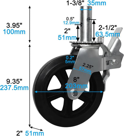 8 Inch Scaffolding Wheels, Set of 4 Scaffold Caster with Dual Locking Brakes, Heavy Duty 750LBS Capacity per Rubber Caters 1-3/8" Solid Round Stem Replacement for Scaffold Workbench Shelves