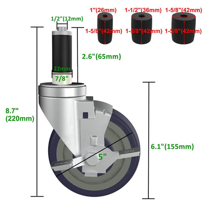 5 Inch Expanding Stem Caster Wheels Set of 4 for Table Legs, Expandable Stem Caster All with Brake Fit 7/8", 1", 1-1/2" and 1-5/8" Inner Diameter Tube Leg Adapter Caster