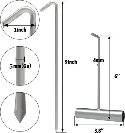 9 Inch Tent Stakes with T Hook, Tent Stakes Metal, Heavy Duty Tarp Camping Stakes, Metal Tent Stakes for Inflatables Outdoor Decorations, 25 Pack