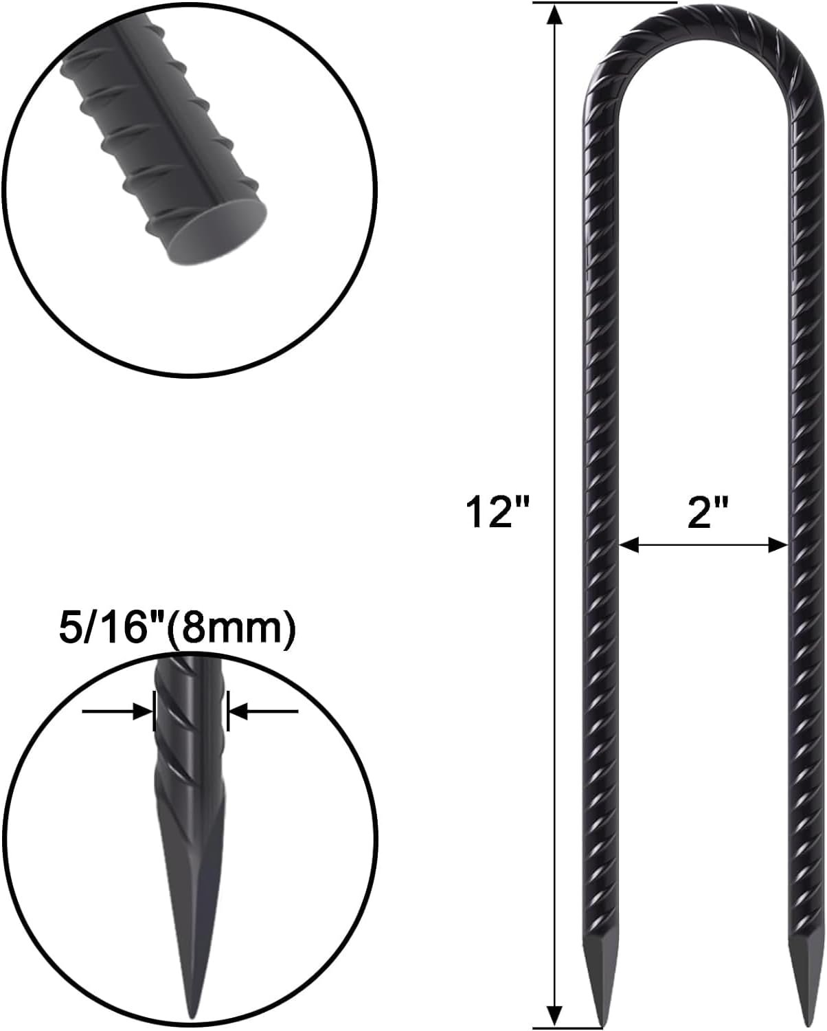 VVOKGO 12 Inches Trampoline Stakes Anchors High Wind Heavy Duty, 8pcs U Shaped Ground Rebar Metal Tent Galvanized Steel Stakes Tie Down Anchor Kit for Camping Tents, Soccer Net, Swing Set Black
