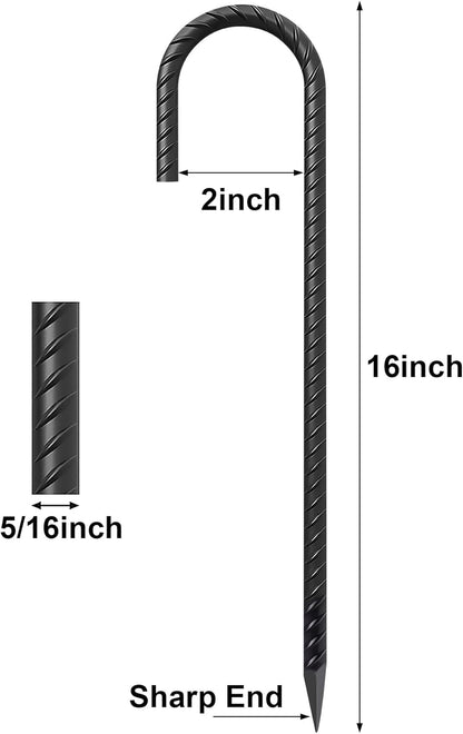 16" Ground Rebar Stakes Heavy Duty J Hook Ground Anchors, 5/16 inch Curved Steel Tent Stakes Anti Rust Steel Ground Stakes for Chain Link Wire Fencing， Pack of 40，Black