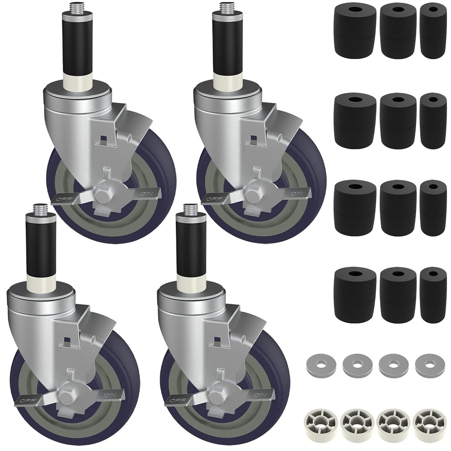 5 Inch Expanding Stem Caster Wheels Set of 4 for Table Legs, Expandable Stem Caster All with Brake Fit 7/8", 1", 1-1/2" and 1-5/8" Inner Diameter Tube Leg Adapter Caster