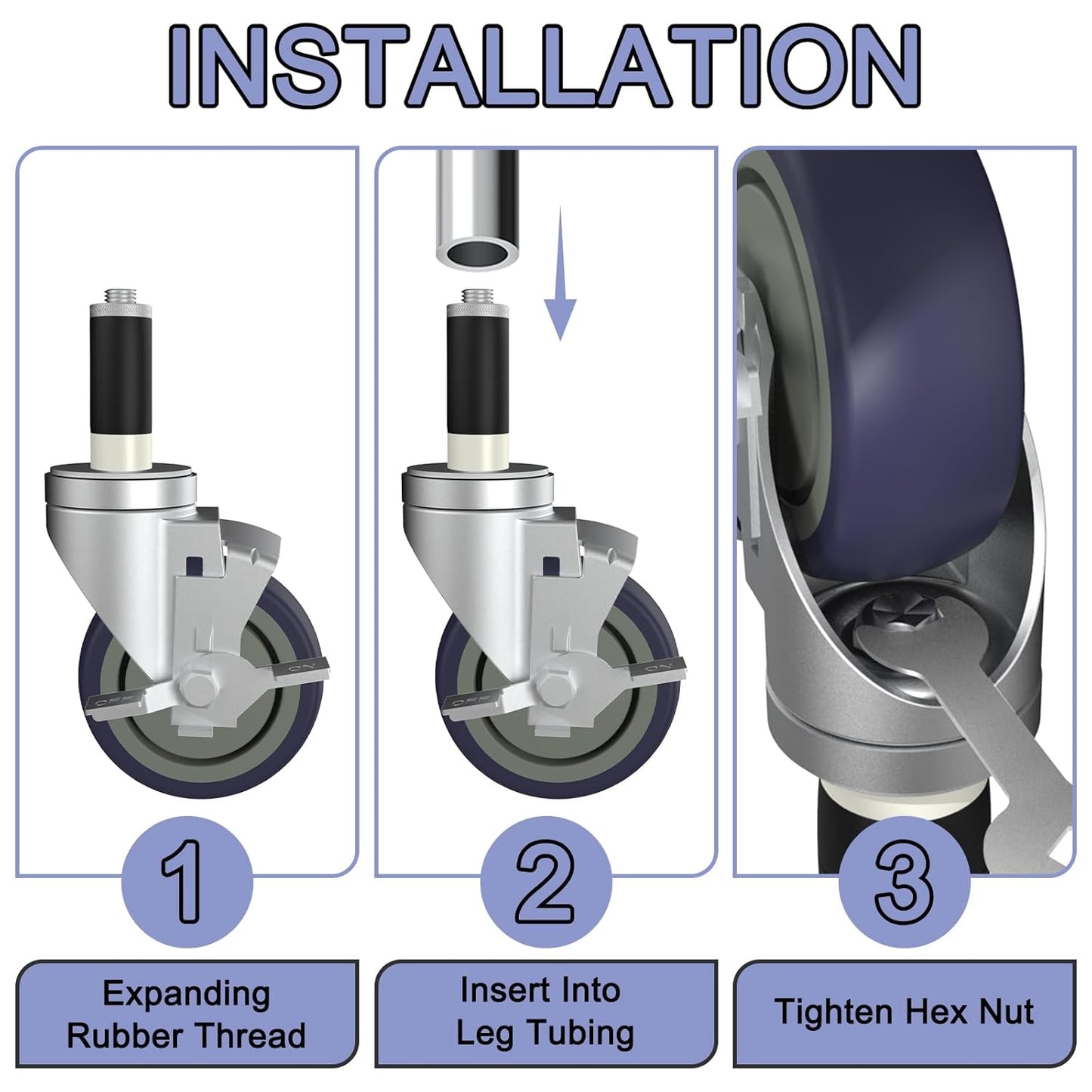 5 Inch Expanding Stem Caster Wheels Set of 4 for Table Legs, Expandable Stem Caster All with Brake Fit 7/8", 1", 1-1/2" and 1-5/8" Inner Diameter Tube Leg Adapter Caster