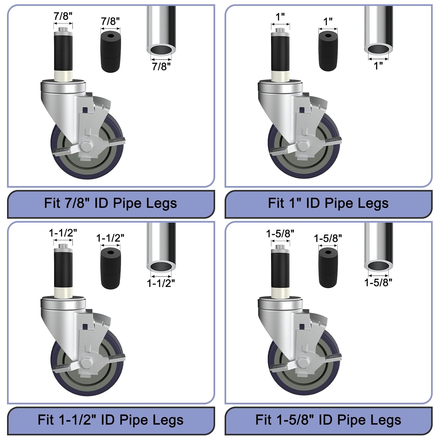 5 Inch Expanding Stem Caster Wheels Set of 4 for Table Legs, Expandable Stem Caster All with Brake Fit 7/8", 1", 1-1/2" and 1-5/8" Inner Diameter Tube Leg Adapter Caster