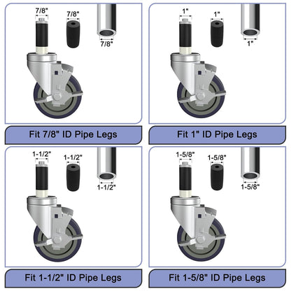 5 Inch Expanding Stem Caster Wheels Set of 4 for Table Legs, Expandable Stem Caster All with Brake Fit 7/8", 1", 1-1/2" and 1-5/8" Inner Diameter Tube Leg Adapter Caster