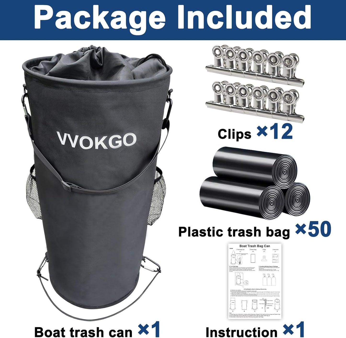 Boat Trash Can with 50 Replacement Plastic Bags,100% Odor Leak proof 1000D Portable Garbage Storage Bag, Pontoon Boat Accessories 13 Gallon Collapsible Garbage Can Container Fishing, Sandbar, Kayak,RV