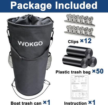 Boat Trash Can with 50 Replacement Plastic Bags,100% Odor Leak proof 1000D Portable Garbage Storage Bag, Pontoon Boat Accessories 13 Gallon Collapsible Garbage Can Container Fishing, Sandbar, Kayak,RV