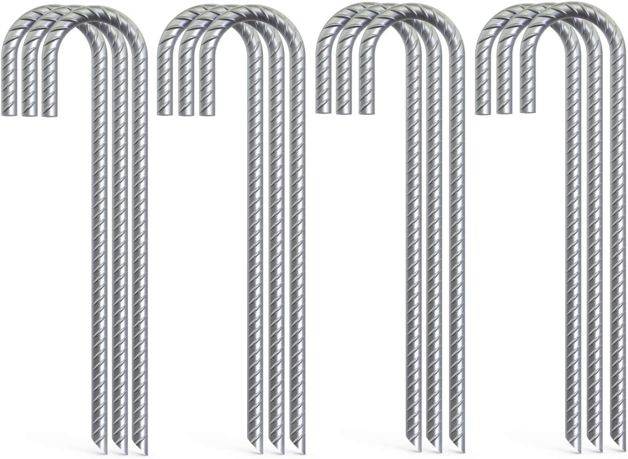 12 Pack 16" Ground Rebar Stakes Heavy Duty J Hook Ground Anchors, Curved Steel Plant Support Garden Stake Anti Rust Galvanized Ground Stakes