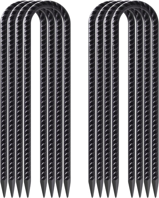 VVOKGO 12 Inches Trampoline Stakes Anchors High Wind Heavy Duty, 8pcs U Shaped Ground Rebar Metal Tent Galvanized Steel Stakes Tie Down Anchor Kit for Camping Tents, Soccer Net, Swing Set Black