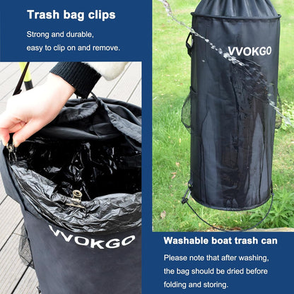 Boat Trash Can with 50 Replacement Plastic Bags,100% Odor Leak proof 1000D Portable Garbage Storage Bag, Pontoon Boat Accessories 13 Gallon Collapsible Garbage Can Container Fishing, Sandbar, Kayak,RV