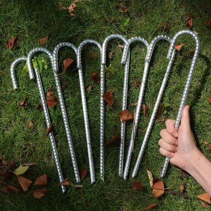 8 Pack 16" Galvanized Rebar Stakes Heavy Duty J Hook Ground Anchors, Curved Steel Tent Stakes Anti Rust Steel Ground Stakes